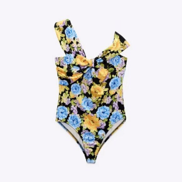 NWOT Zara multicolour floral print asymmetrical wide strap pleated bodysuit, S - Picture 6 of 12